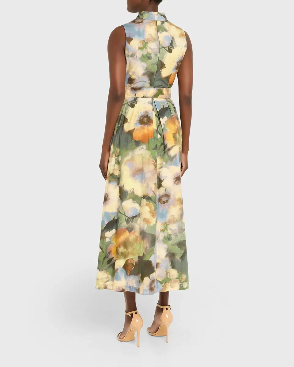 Lela Rose Floral-Print Cotton Sleeveless Midi Dress With Belt | Thumbnail 3 Lela Rose Floral-Print Cotton Sleeveless Midi Dress With Belt | Thumbnail 3