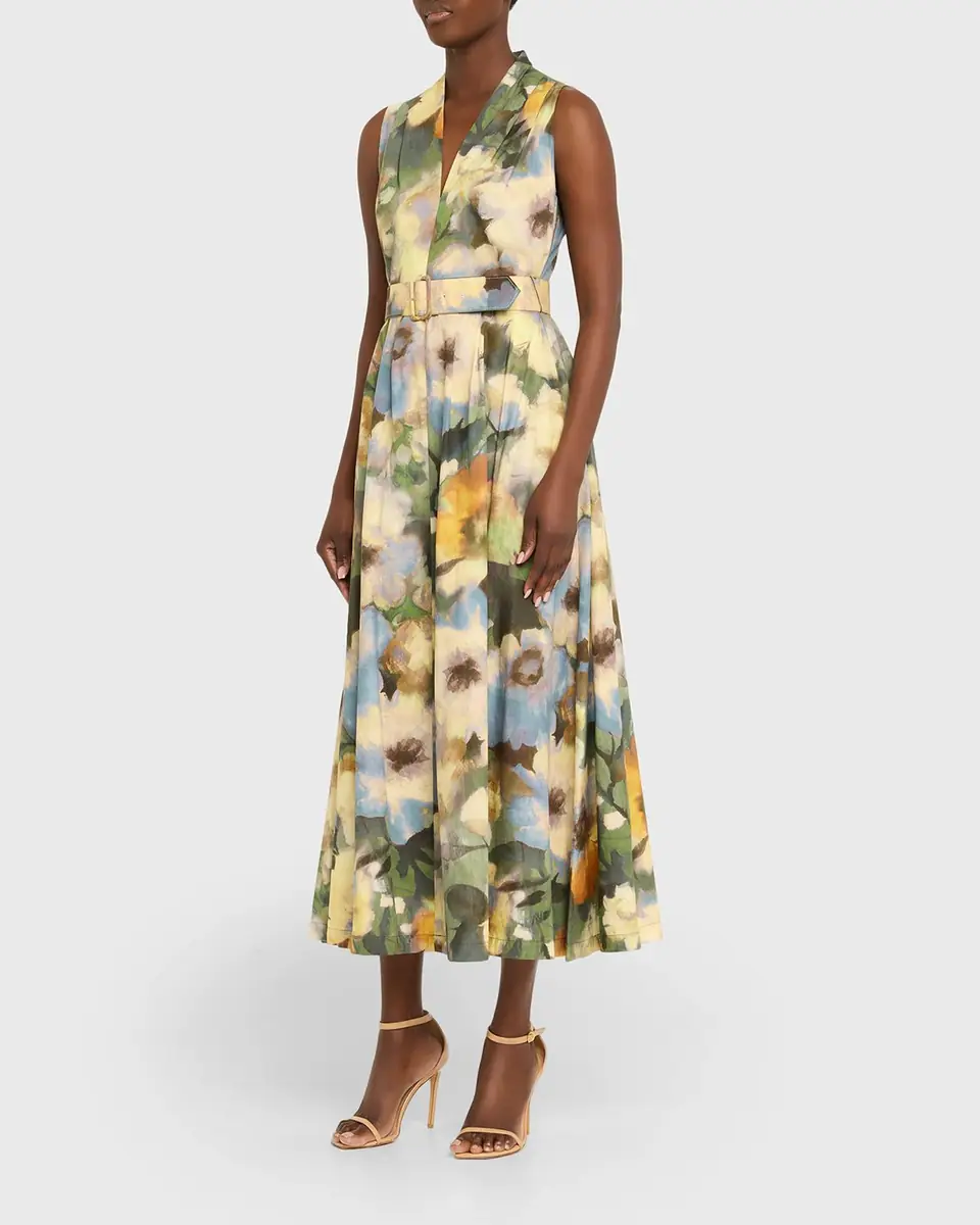 Lela Rose Floral-Print Cotton Sleeveless Midi Dress With Belt | Thumbnail 4 Lela Rose Floral-Print Cotton Sleeveless Midi Dress With Belt | Thumbnail 4