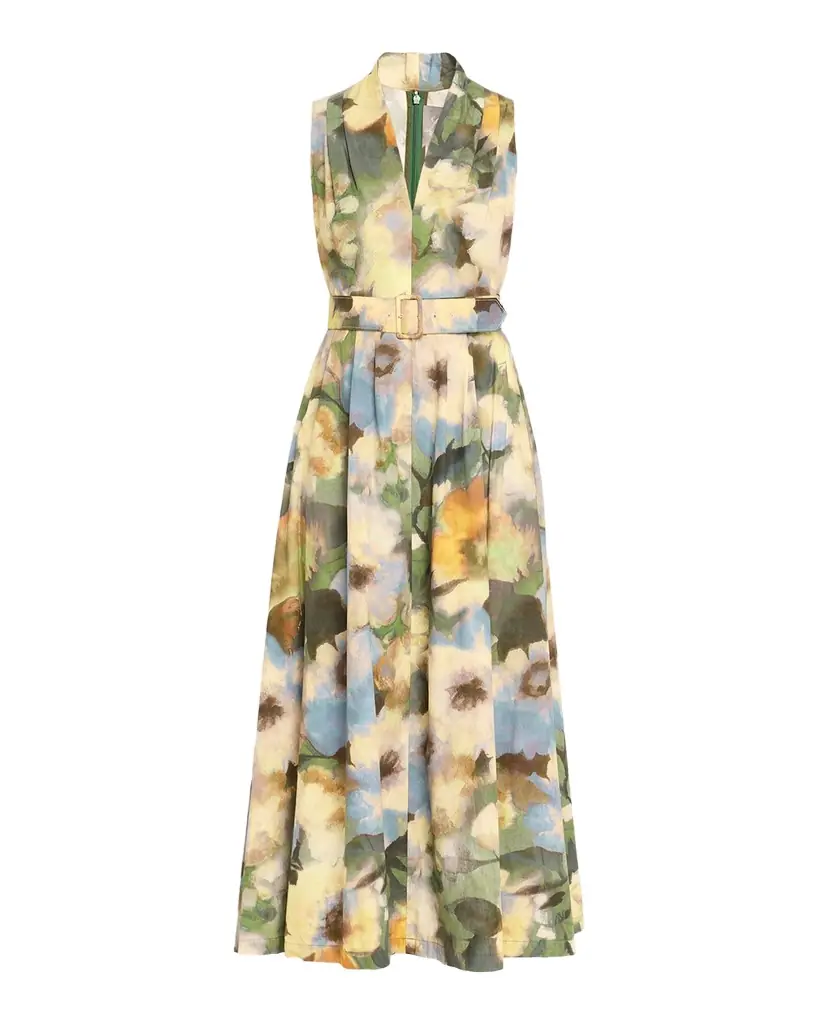 Floral-Print Cotton Sleeveless Midi Dress With Belt Floral-Print Cotton Sleeveless Midi Dress With Belt
