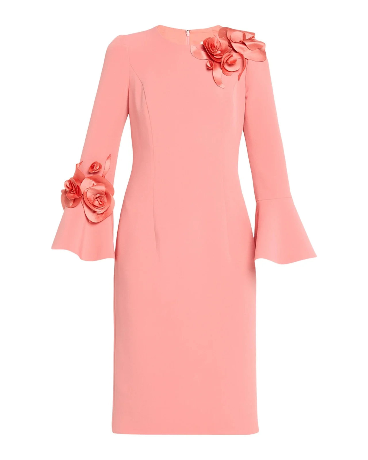 Floral Applique Flare-Cuff Crepe Dress Floral Applique Flare-Cuff Crepe Dress