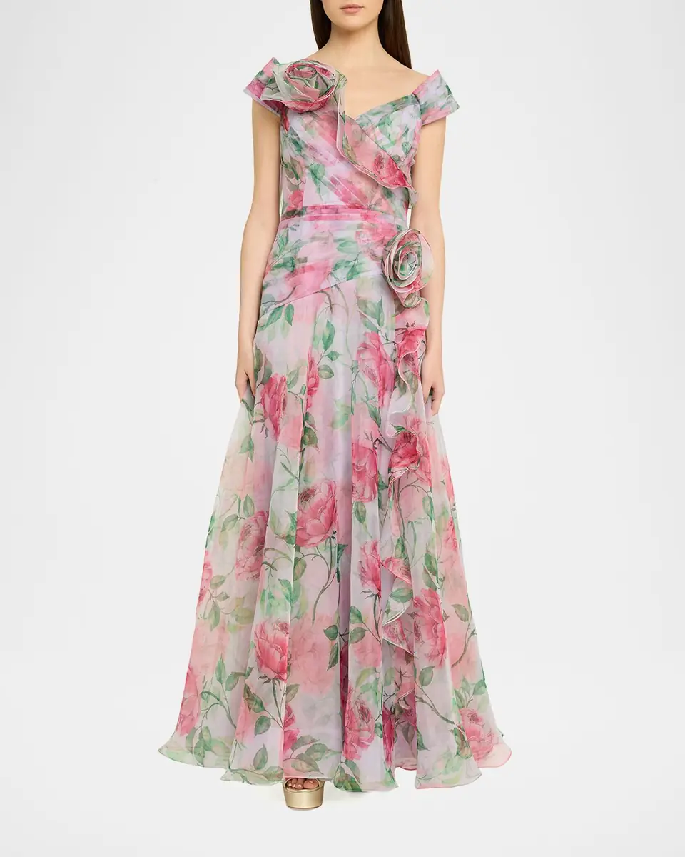 Rickie Freeman for Teri Jon Pleated Off-Shoulder Floral-Print Organza Gown | Thumbnail 2 Rickie Freeman for Teri Jon Pleated Off-Shoulder Floral-Print Organza Gown | Thumbnail 2