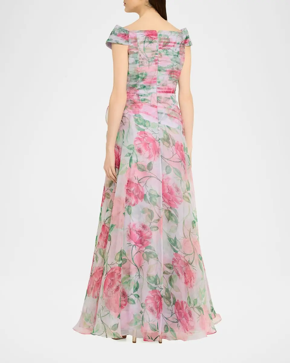 Rickie Freeman for Teri Jon Pleated Off-Shoulder Floral-Print Organza Gown | Thumbnail 3 Rickie Freeman for Teri Jon Pleated Off-Shoulder Floral-Print Organza Gown | Thumbnail 3
