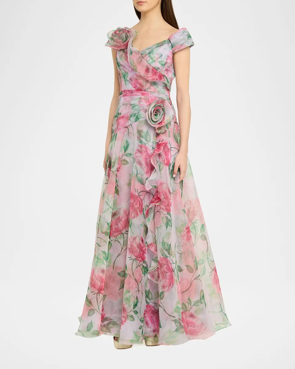 Rickie Freeman for Teri Jon Pleated Off-Shoulder Floral-Print Organza Gown | Thumbnail 4 Rickie Freeman for Teri Jon Pleated Off-Shoulder Floral-Print Organza Gown | Thumbnail 4