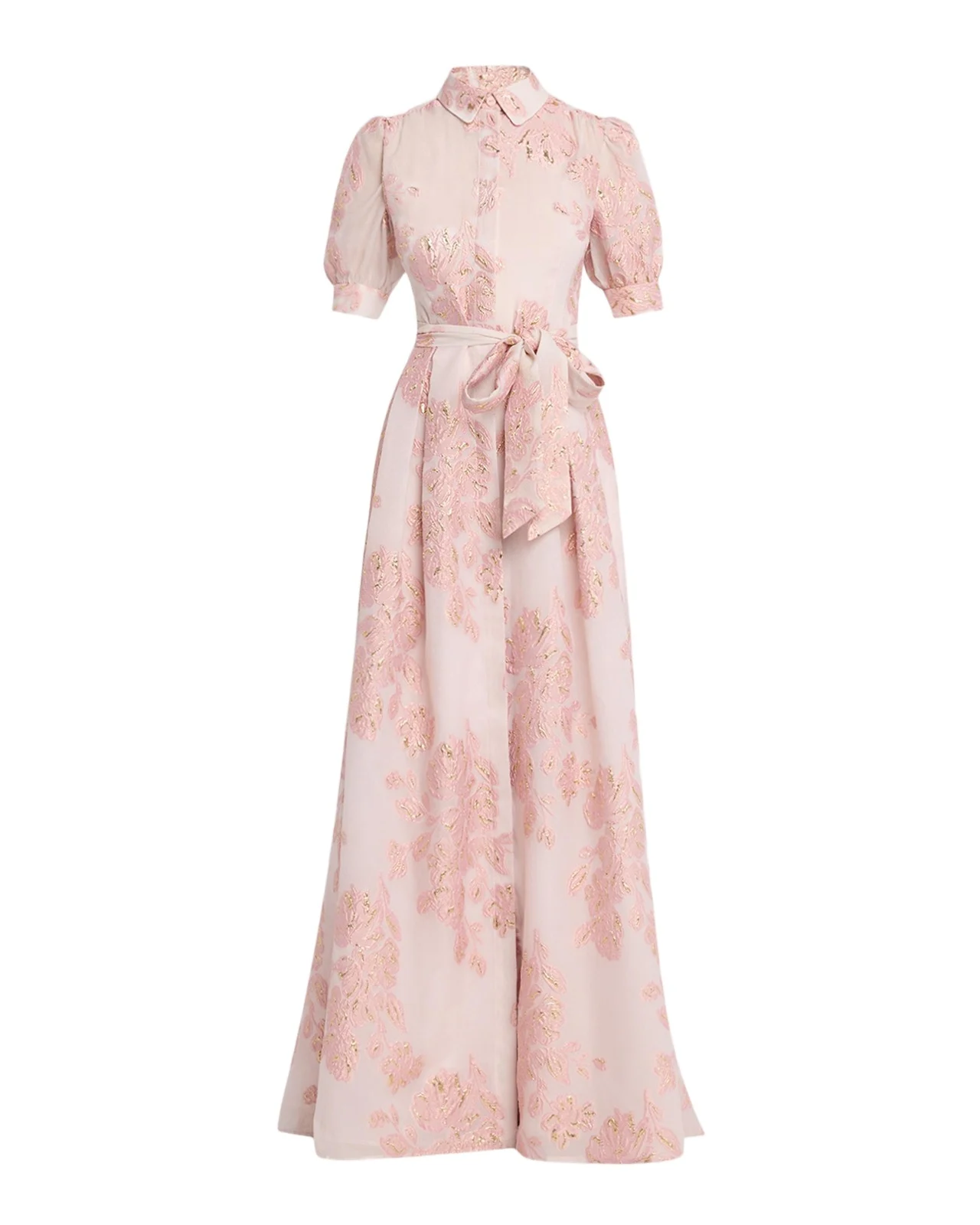Rickie Freeman for Teri Jon Jacquard Short-Sleeve Collared Gown