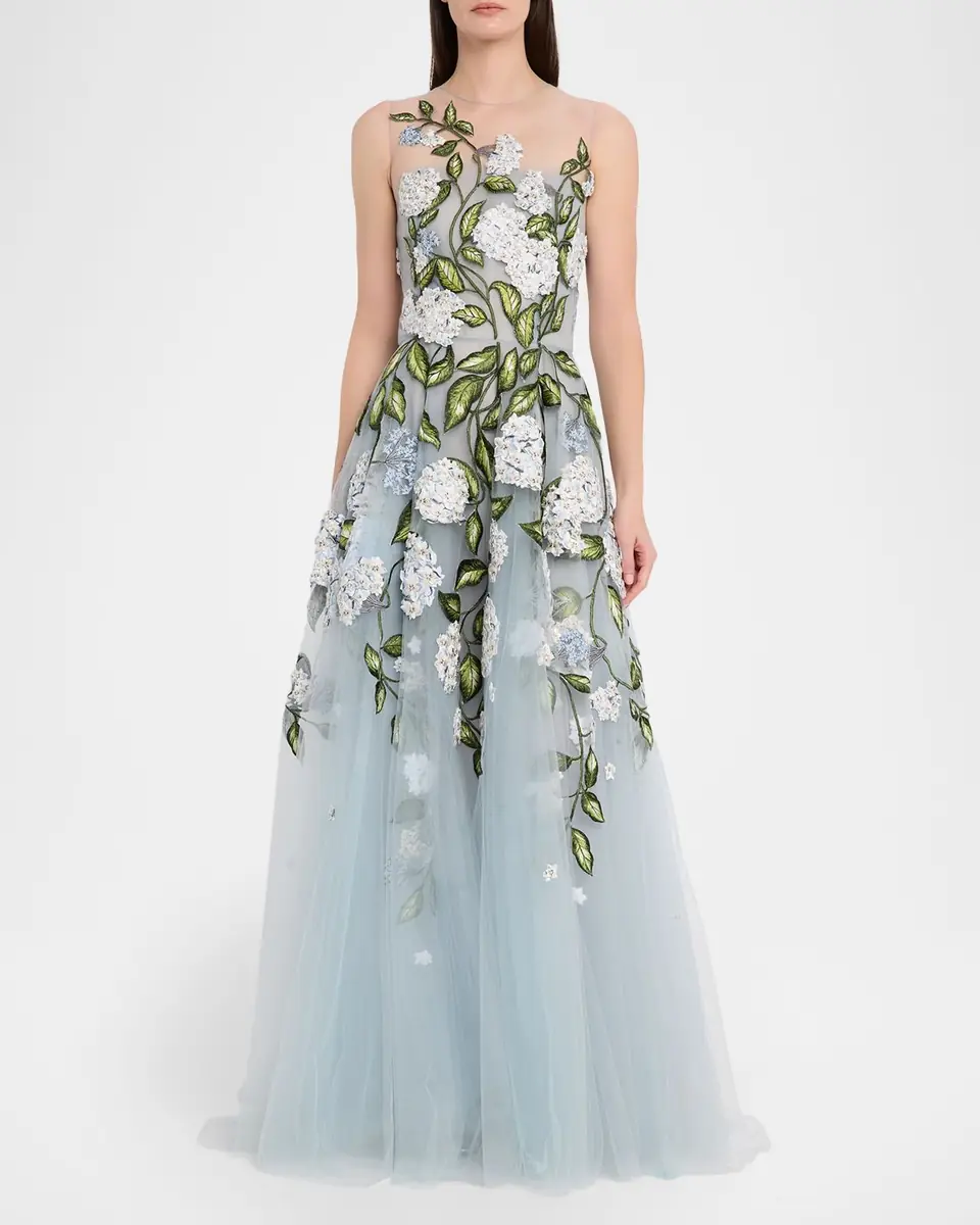Oscar de la Renta Sleeveless Porcelain Flower Embroidered Tulle Gown | Thumbnail 2