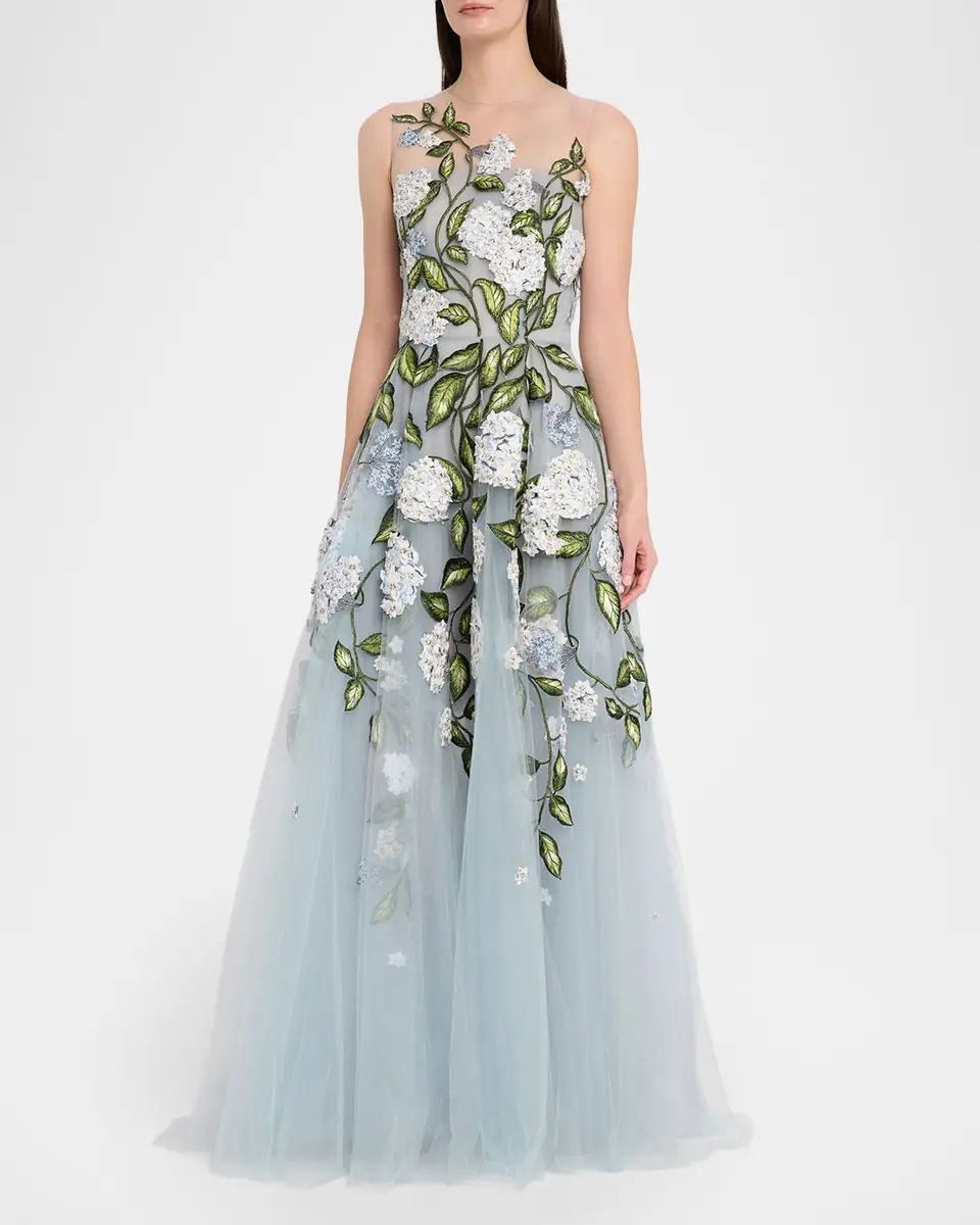 Oscar de la Renta Sleeveless Porcelain Flower Embroidered Tulle Gown | Thumbnail 4