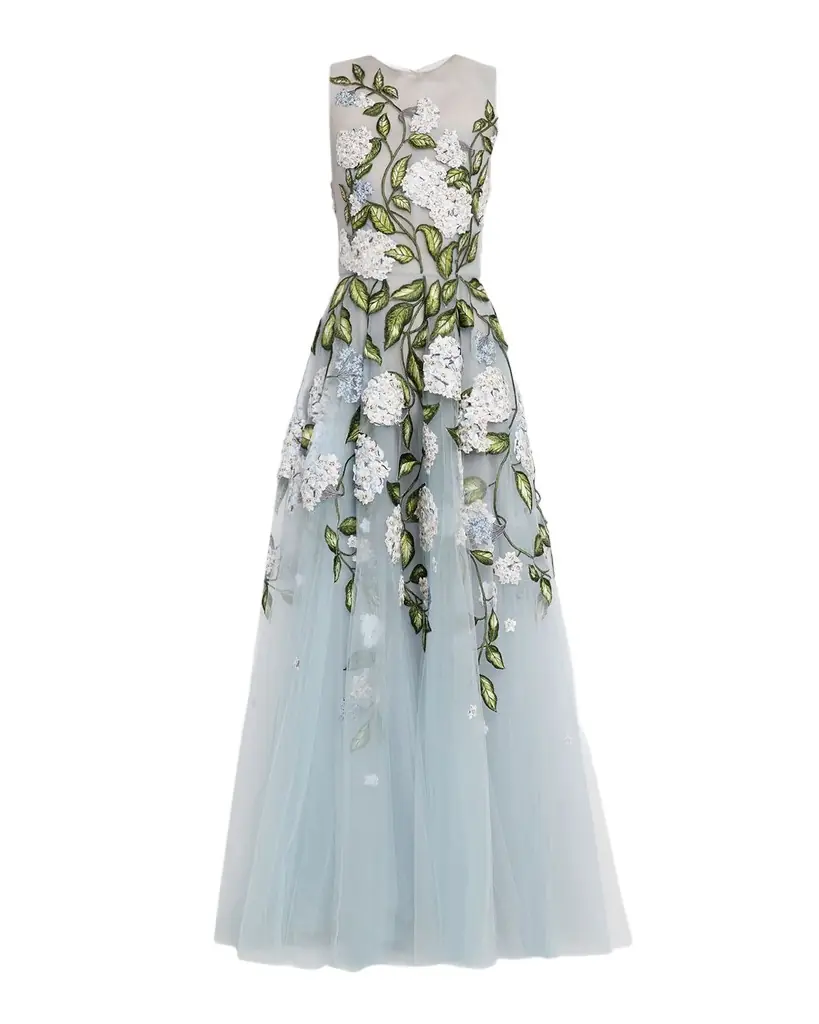Sleeveless Porcelain Flower Embroidered Tulle Gown Sleeveless Porcelain Flower Embroidered Tulle Gown