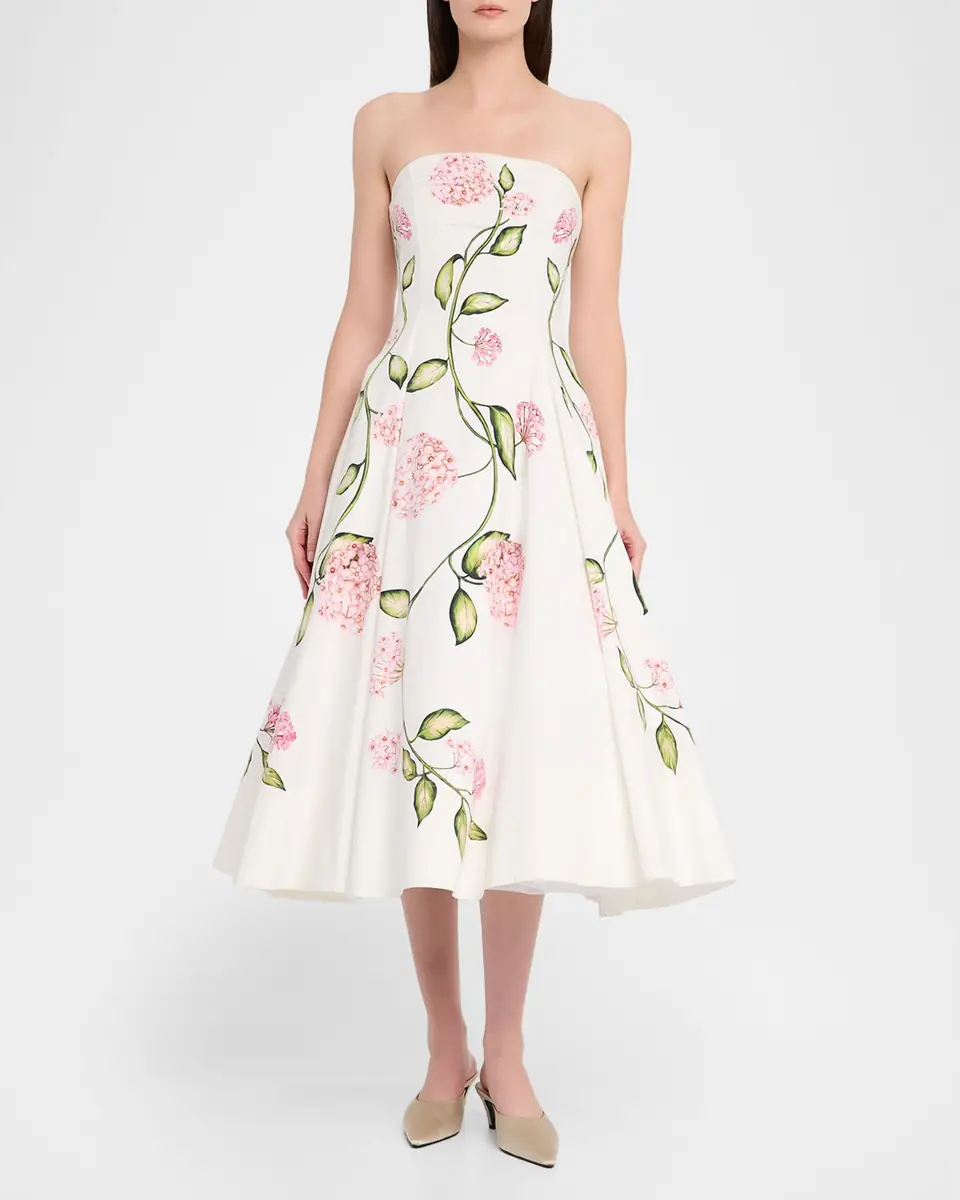 Oscar de la Renta Strapless Porcelain Flowers Cotton Poplin Midi Dress | Thumbnail 2