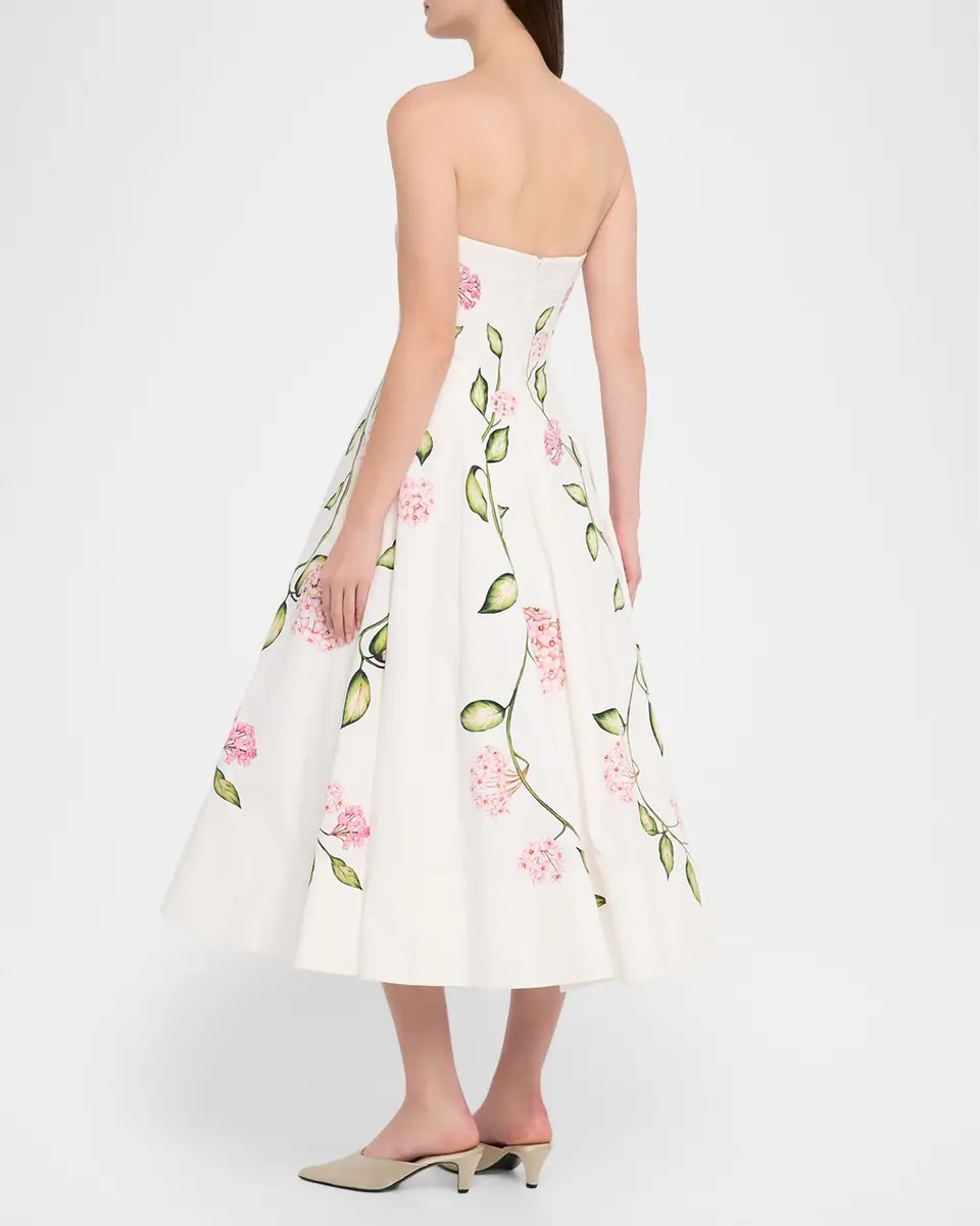 Oscar de la Renta Strapless Porcelain Flowers Cotton Poplin Midi Dress | Thumbnail 3