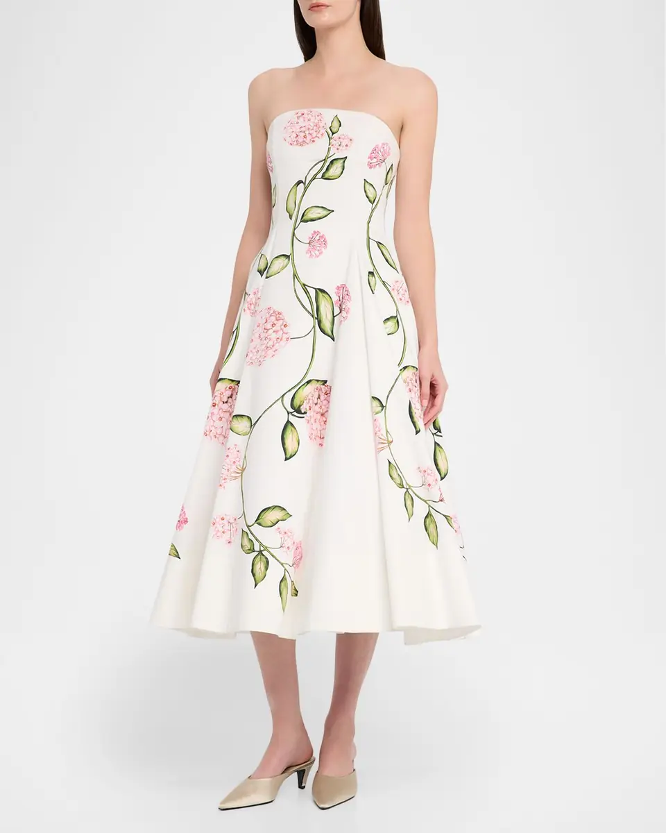 Oscar de la Renta Strapless Porcelain Flowers Cotton Poplin Midi Dress | Thumbnail 4