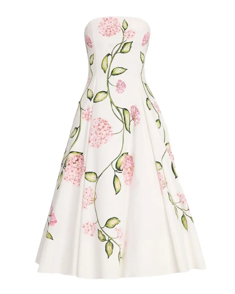 Oscar de la Renta Strapless Porcelain Flowers Cotton Poplin Midi Dress | Image 1 Oscar de la Renta Strapless Porcelain Flowers Cotton Poplin Midi Dress | Image 1