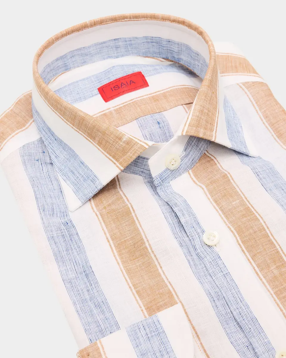 Isaia Men's Linen Wide Stripe Dress Shirt | Thumbnail 2 Isaia Men's Linen Wide Stripe Dress Shirt | Thumbnail 2