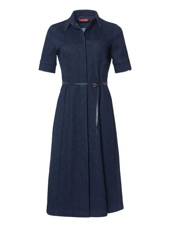 Kieran Denim Leather Belted Midi Dress