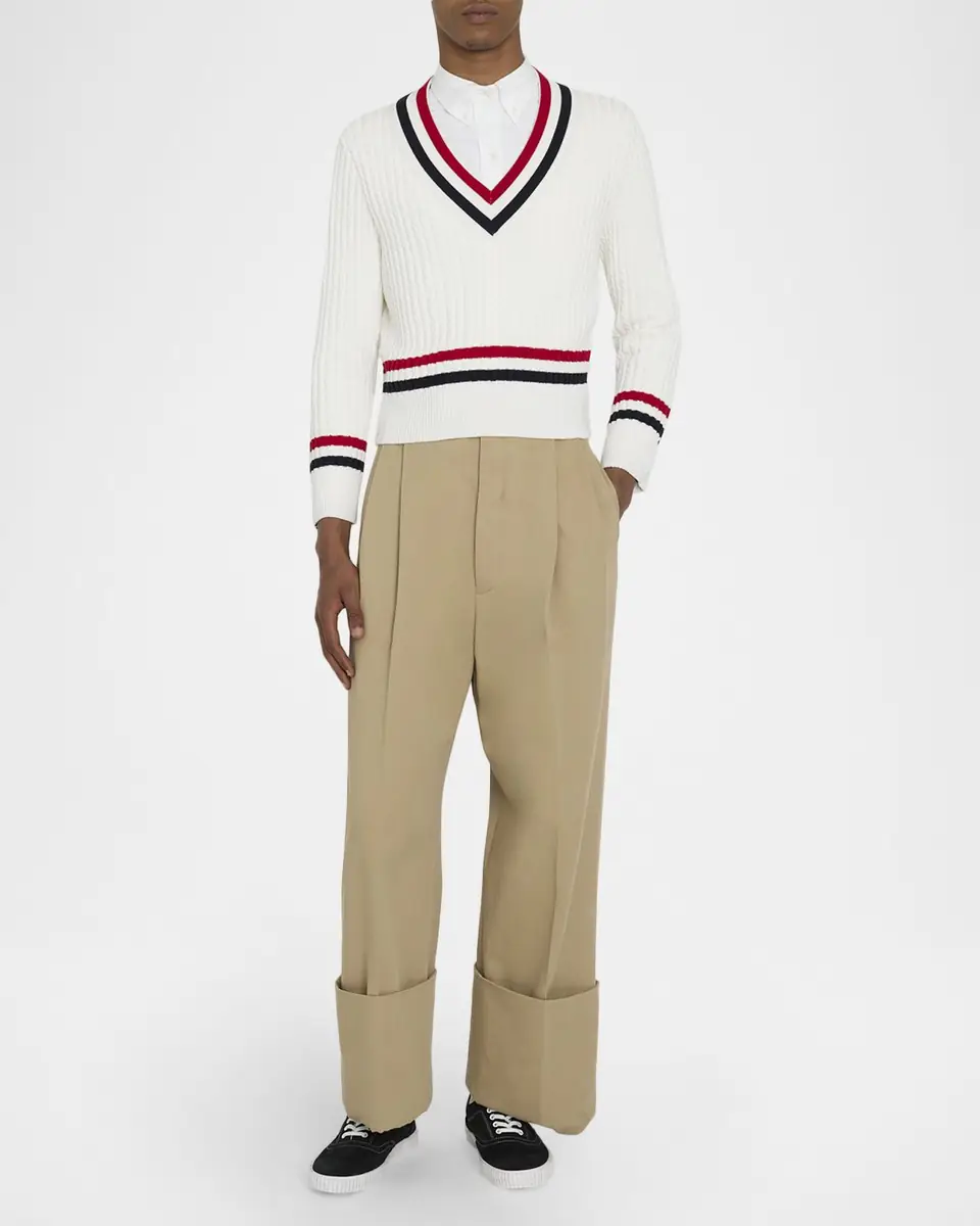 Thom Browne Men's Cotton Cable Knit Stripe-Trim V-Neck Sweater | Thumbnail 2
