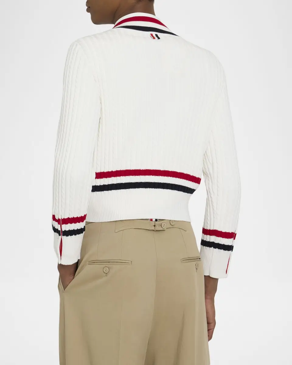 Thom Browne Men's Cotton Cable Knit Stripe-Trim V-Neck Sweater | Thumbnail 3