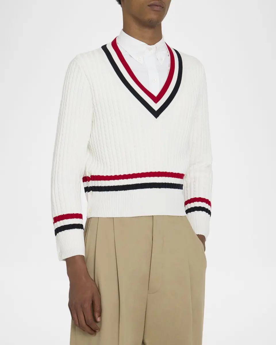 Thom Browne Men's Cotton Cable Knit Stripe-Trim V-Neck Sweater | Thumbnail 4