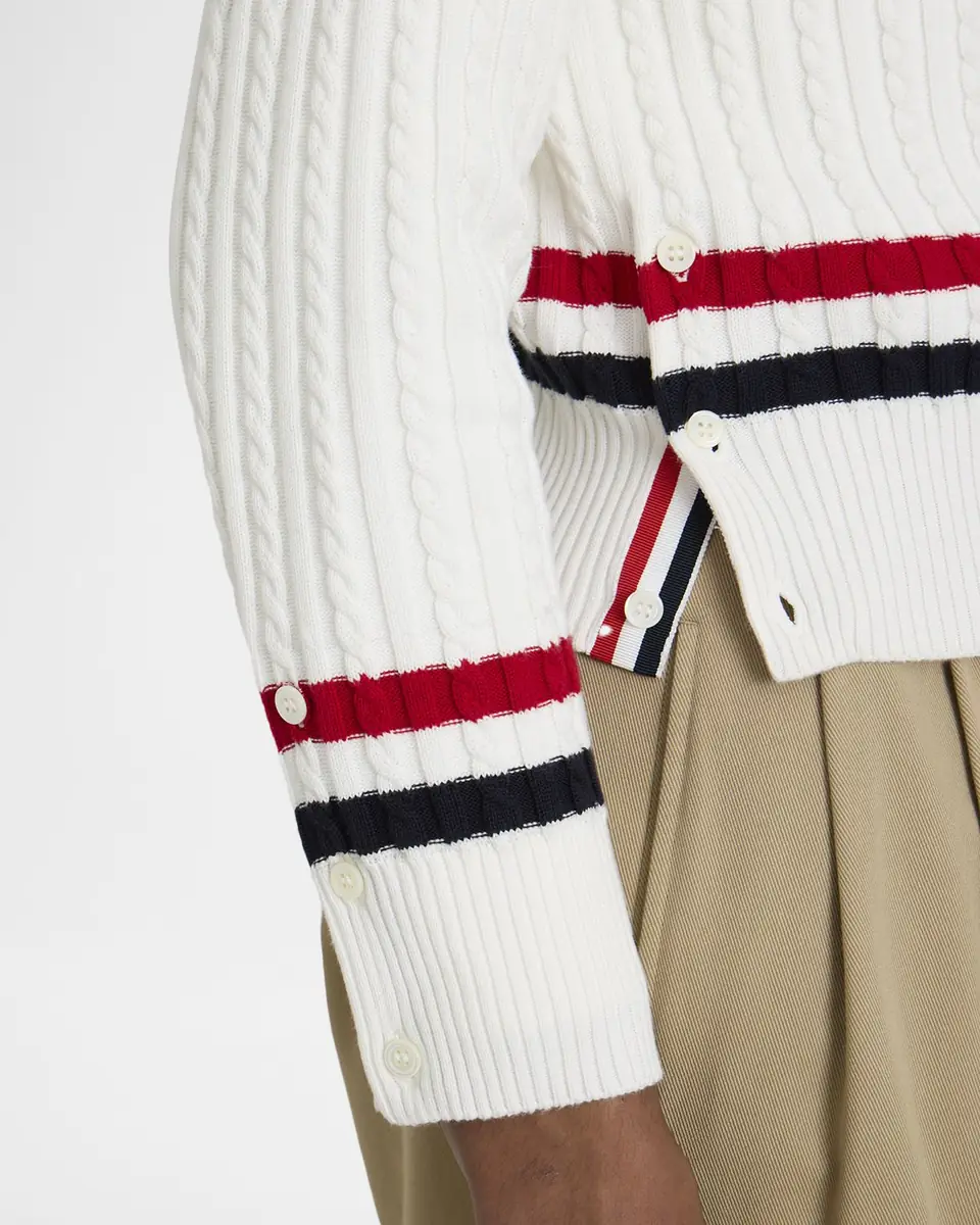 Thom Browne Men's Cotton Cable Knit Stripe-Trim V-Neck Sweater | Thumbnail 5
