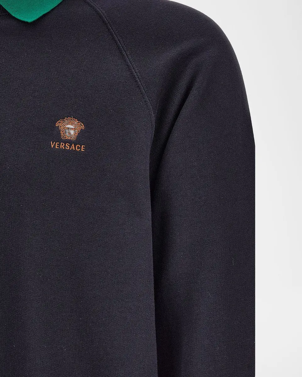 Versace Men's Embroidered Cotton-Jersey Polo Sweatshirt | Thumbnail 3