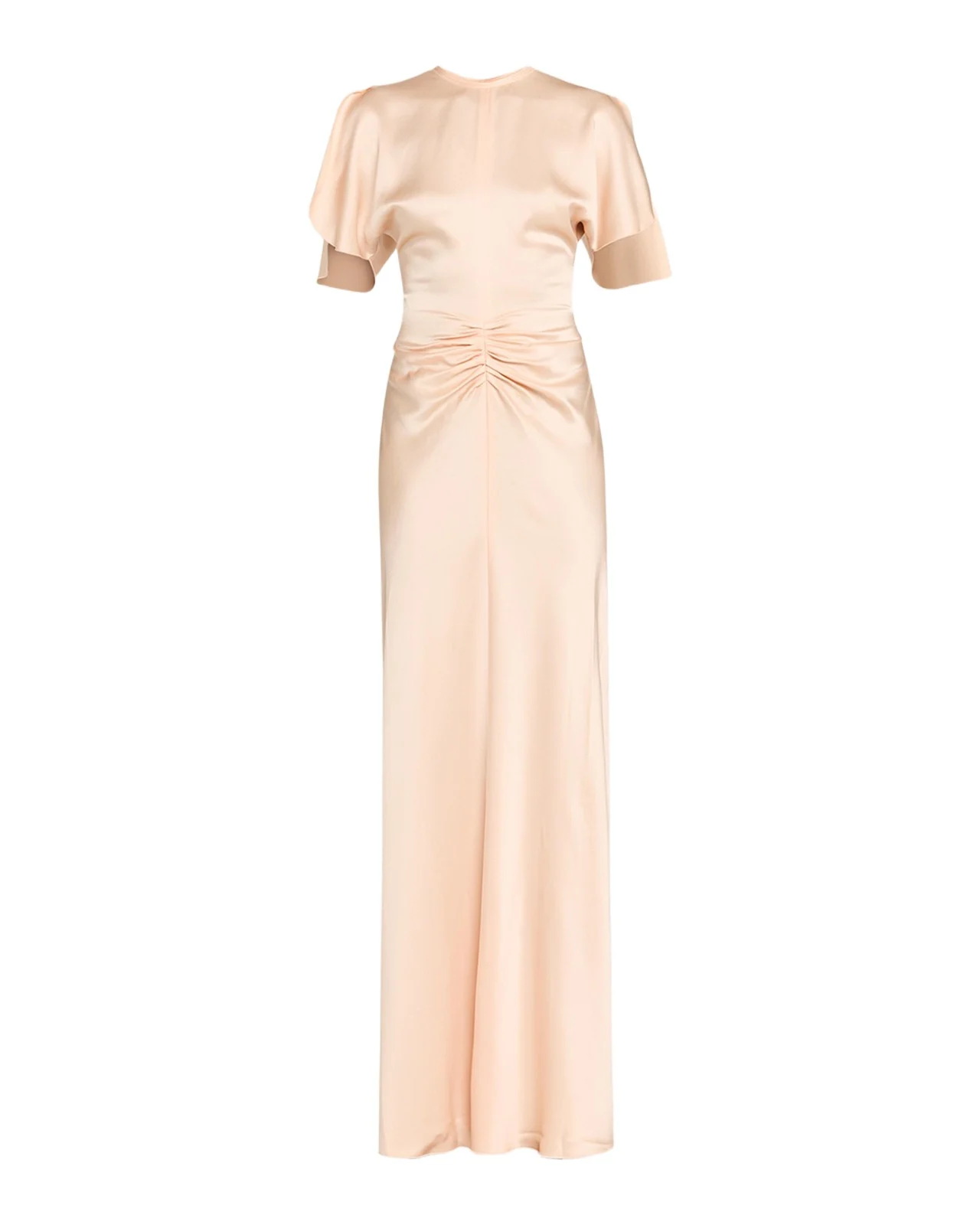 Gathered Waist Flutter-Sleeve Satin Gown Gathered Waist Flutter-Sleeve Satin Gown