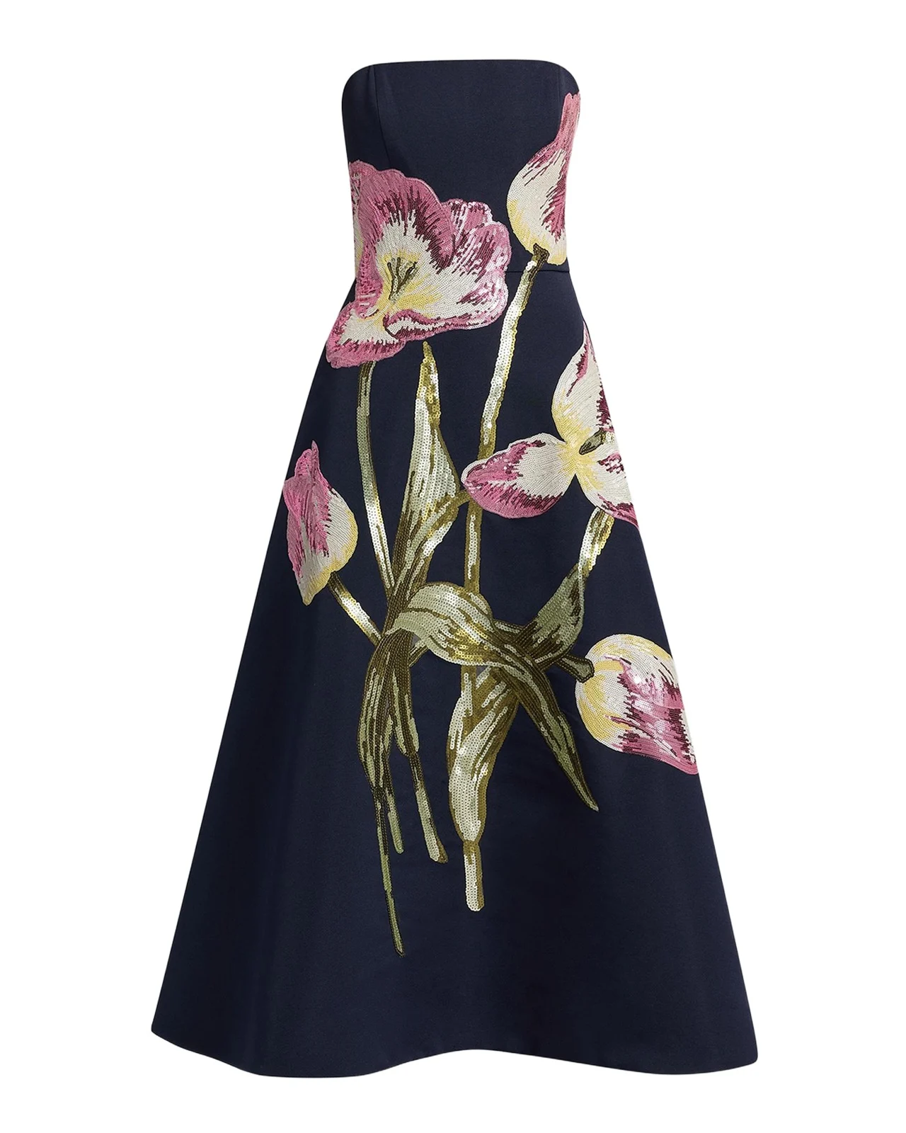 Floral Sequined Strapless Midi Cocktail Dress