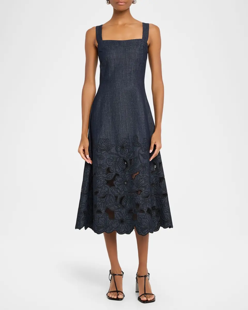 Veronica Beard Rosaura Floral-Embroidered Denim Midi Dress | Thumbnail 2 Veronica Beard Rosaura Floral-Embroidered Denim Midi Dress | Thumbnail 2