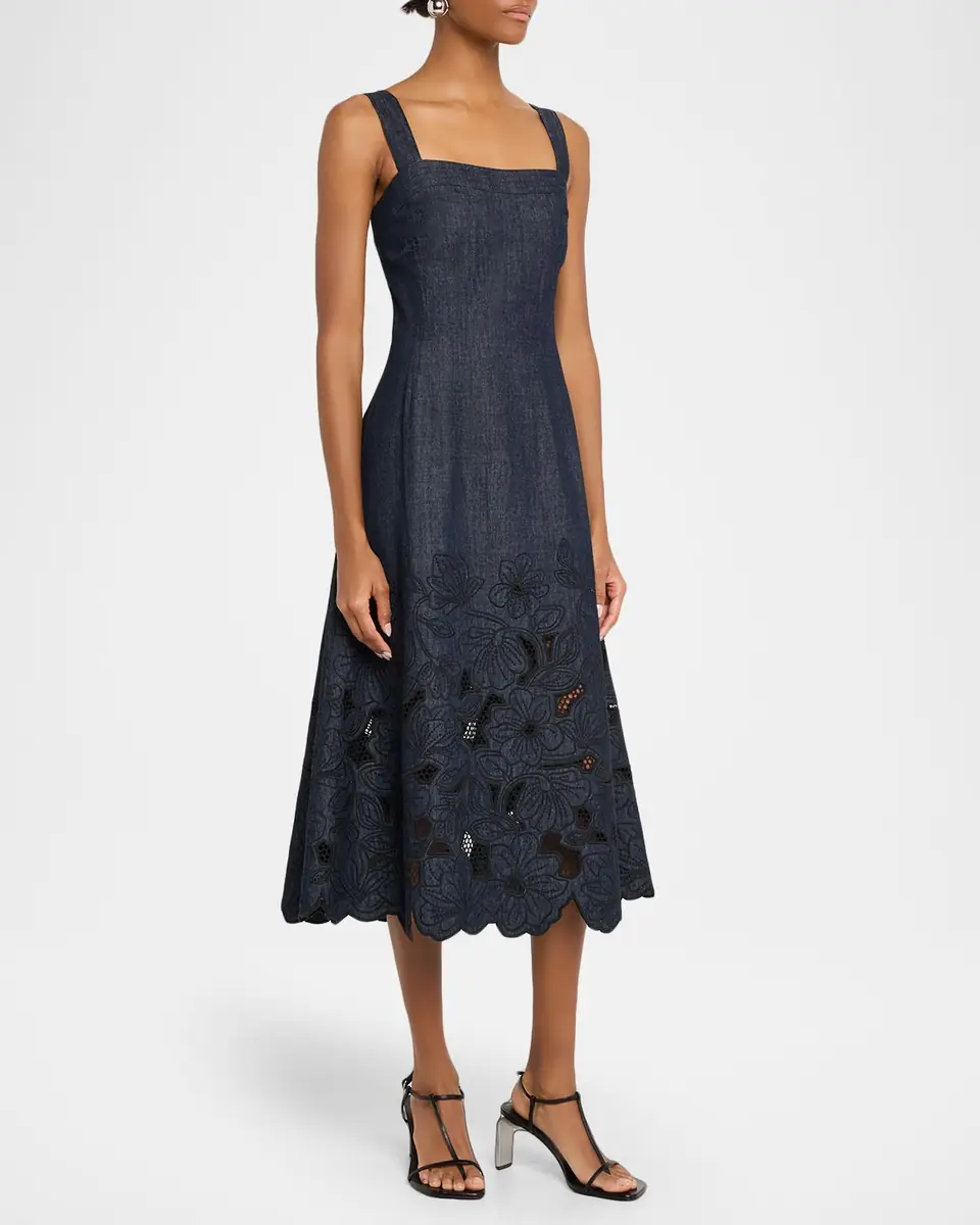 Veronica Beard Rosaura Floral-Embroidered Denim Midi Dress | Thumbnail 4 Veronica Beard Rosaura Floral-Embroidered Denim Midi Dress | Thumbnail 4