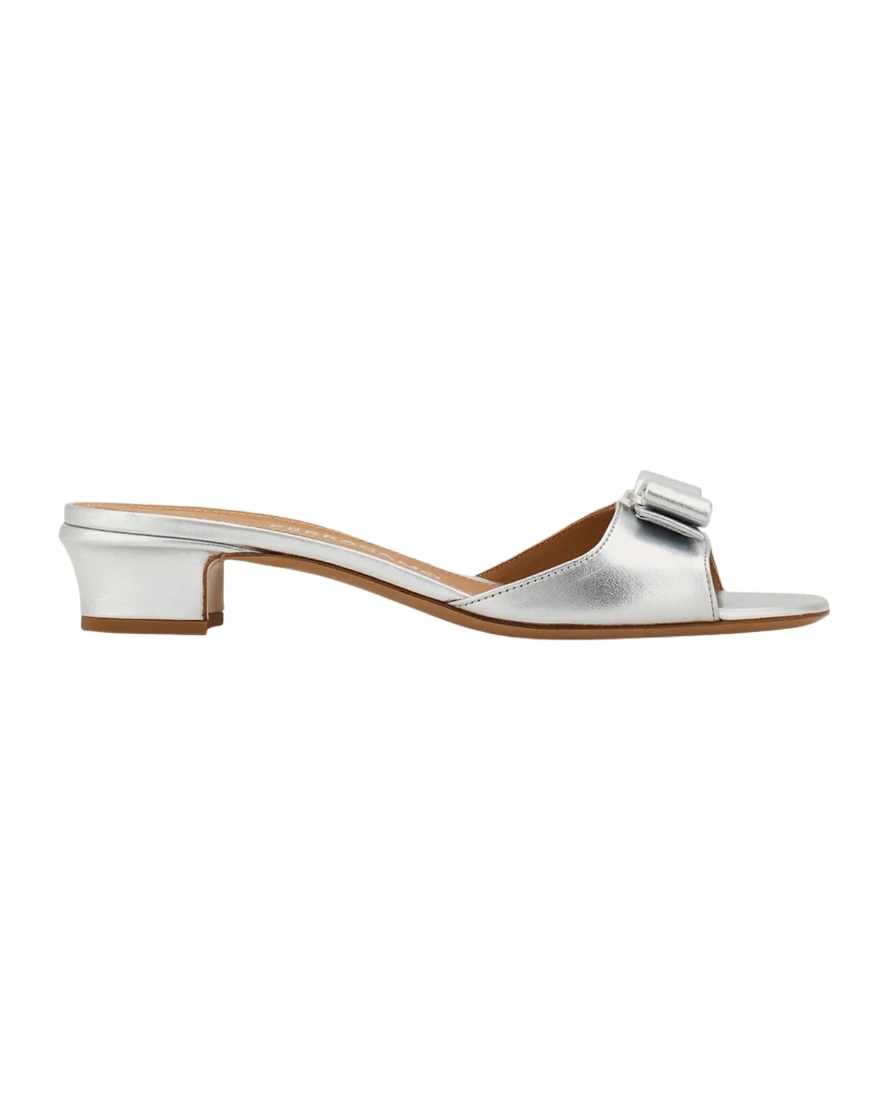 Ferragamo Vanilla Metallic Leather Bow Mules