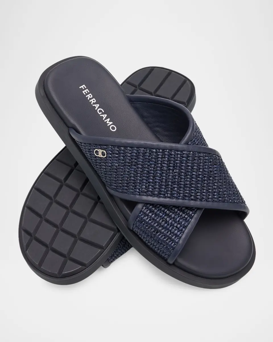 Ferragamo Men's Leather and Raffia Gancini Ornament Crisscross Sandals | Thumbnail 3