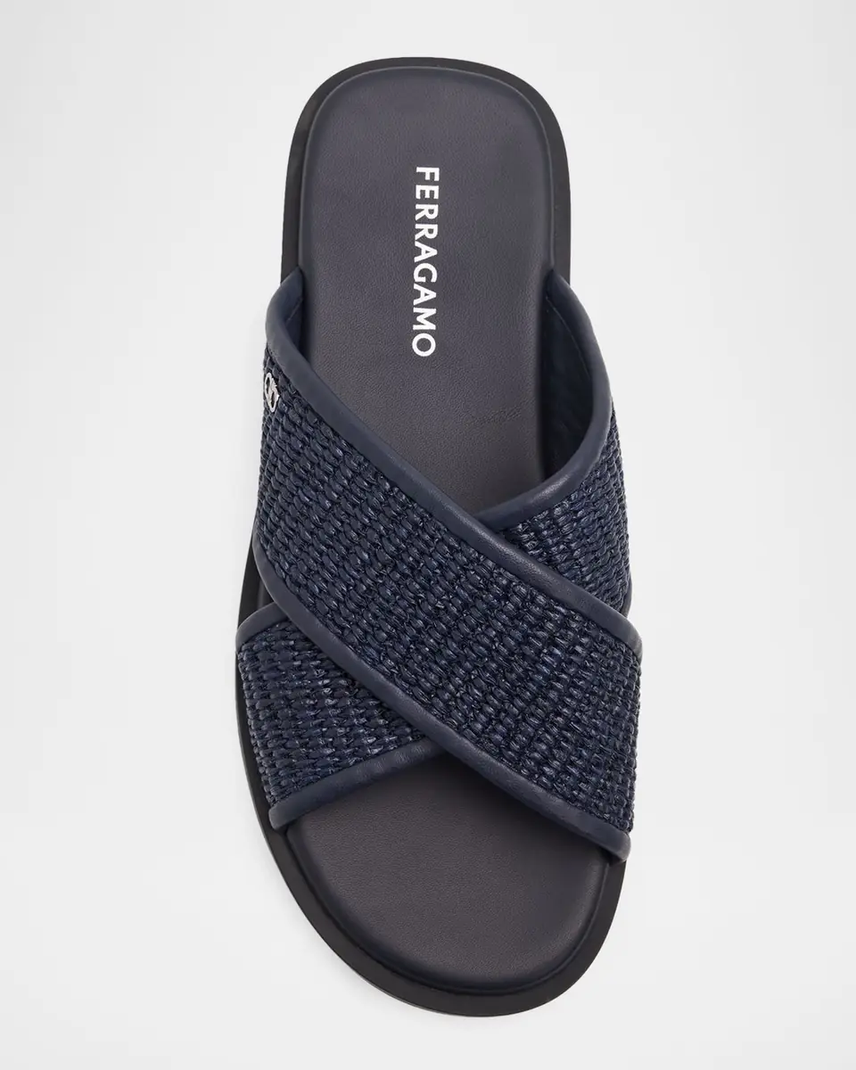 Ferragamo Men's Leather and Raffia Gancini Ornament Crisscross Sandals | Thumbnail 4