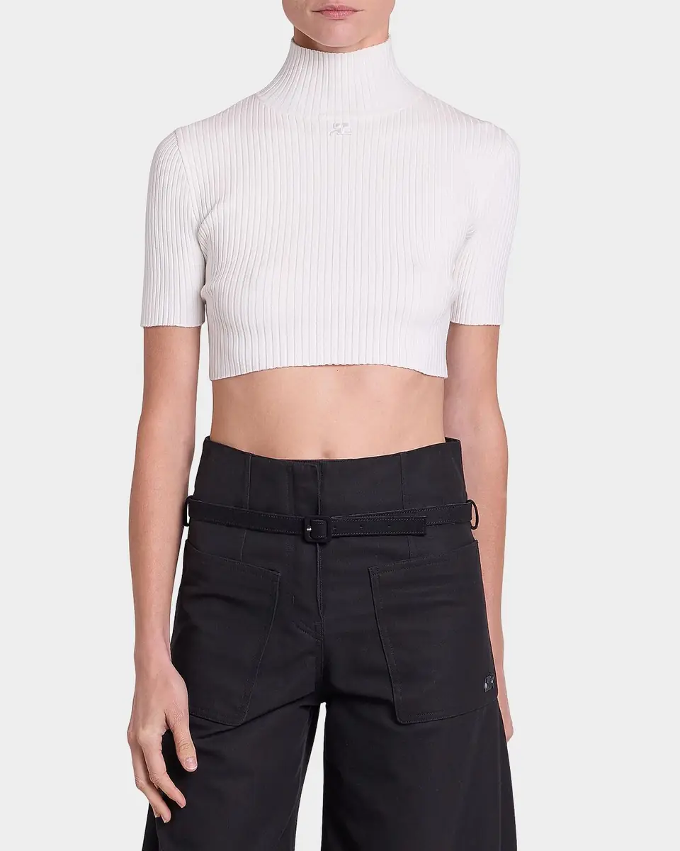 Courrèges Mock-Neck Rib Knit Short-Sleeve Crop Sweater | Thumbnail 4 Courrèges Mock-Neck Rib Knit Short-Sleeve Crop Sweater | Thumbnail 4