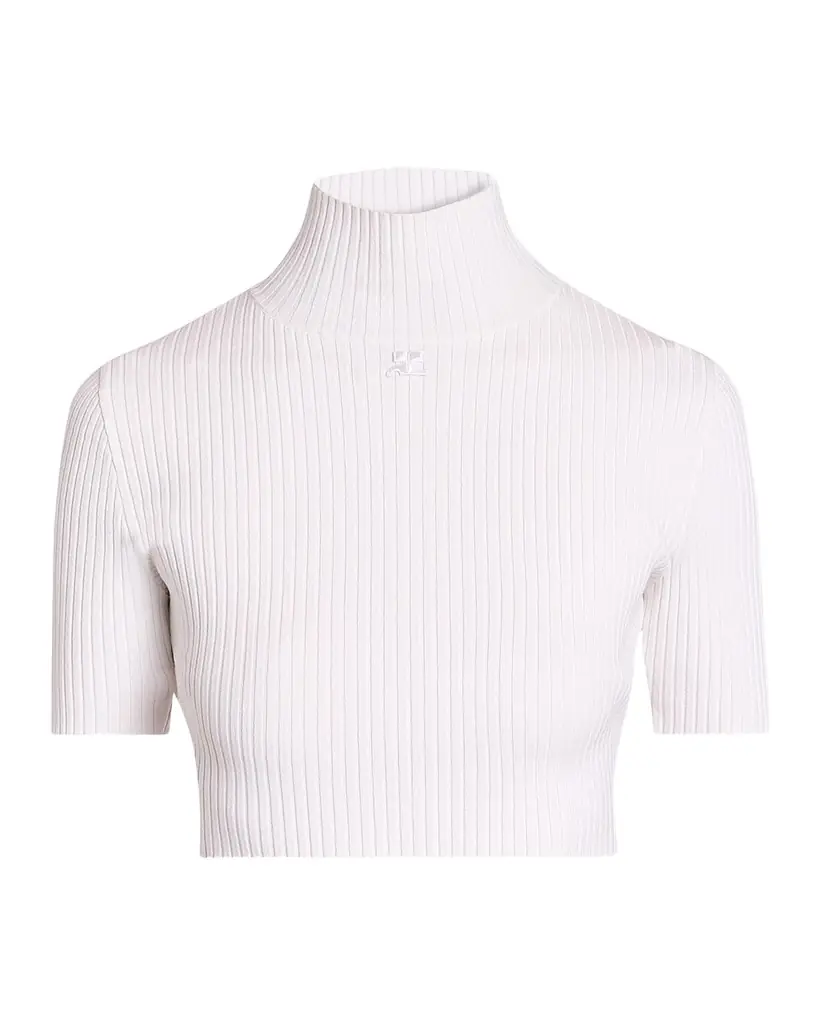 Mock-Neck Rib Knit Short-Sleeve Crop Sweater