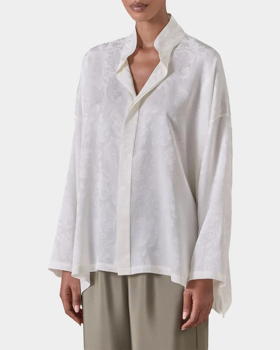 Eskandar Wide A-Line Double Stand Collar Shirt - Mid Plus Length | Thumbnail 4 Eskandar Wide A-Line Double Stand Collar Shirt - Mid Plus Length | Thumbnail 4
