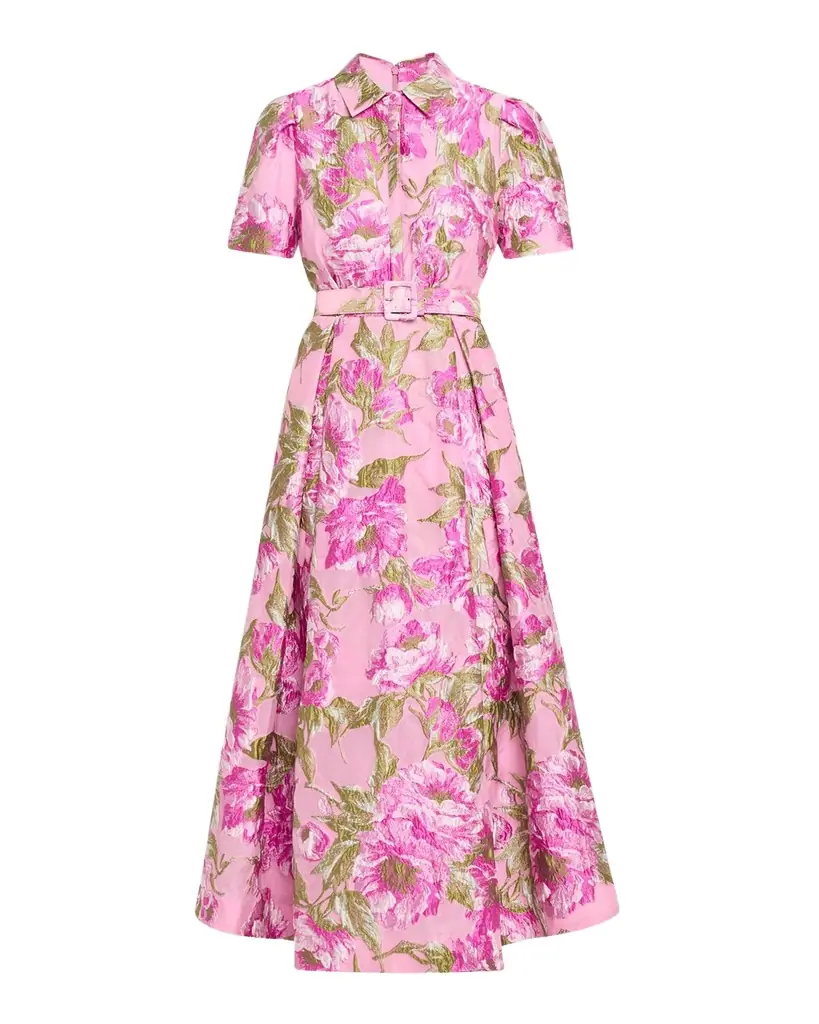 Theia Abba Belted Floral Jacquard Shirt Gown | Image 1 Theia Abba Belted Floral Jacquard Shirt Gown | Image 1