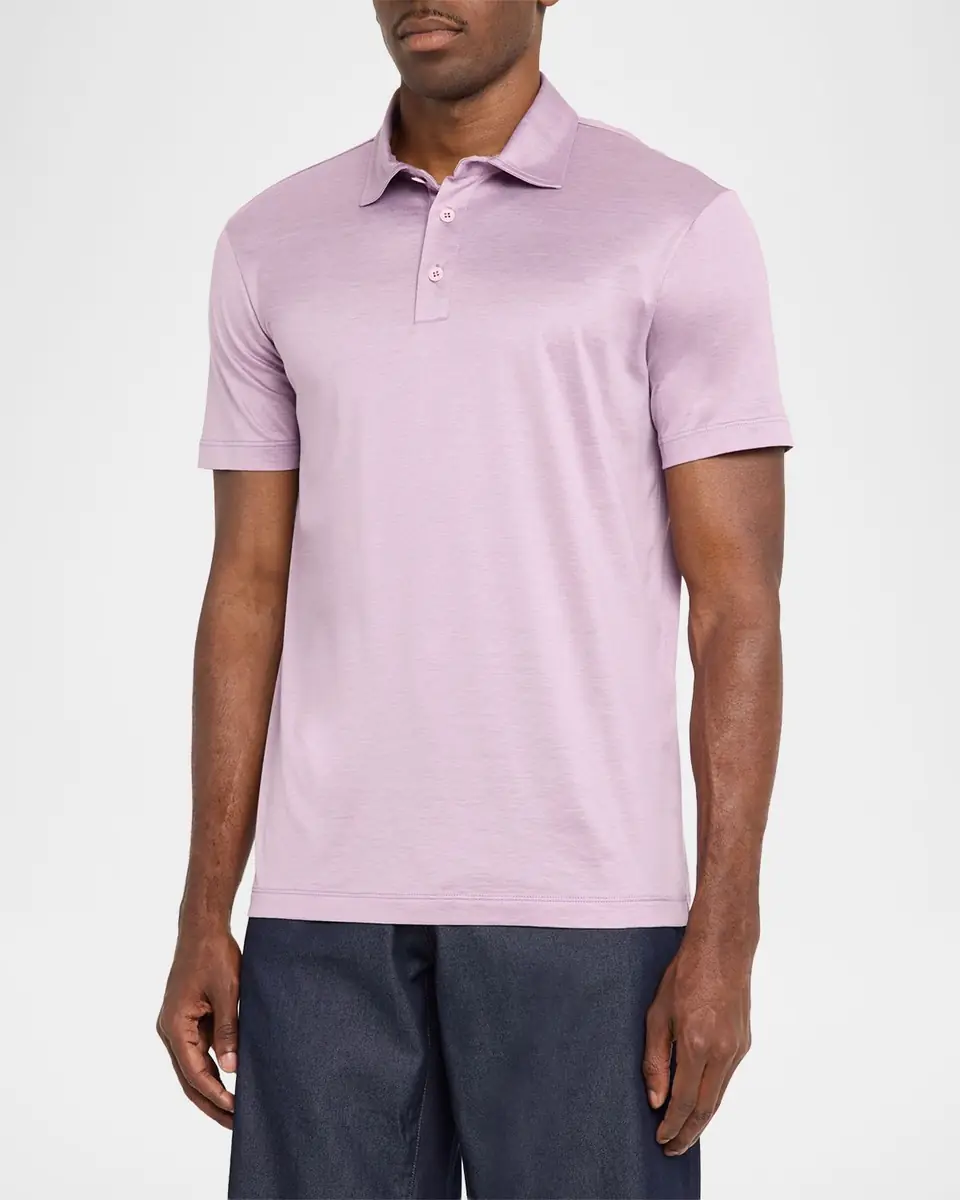 Giorgio Armani Men's Solid Silk and Cotton Polo Shirt | Thumbnail 4
