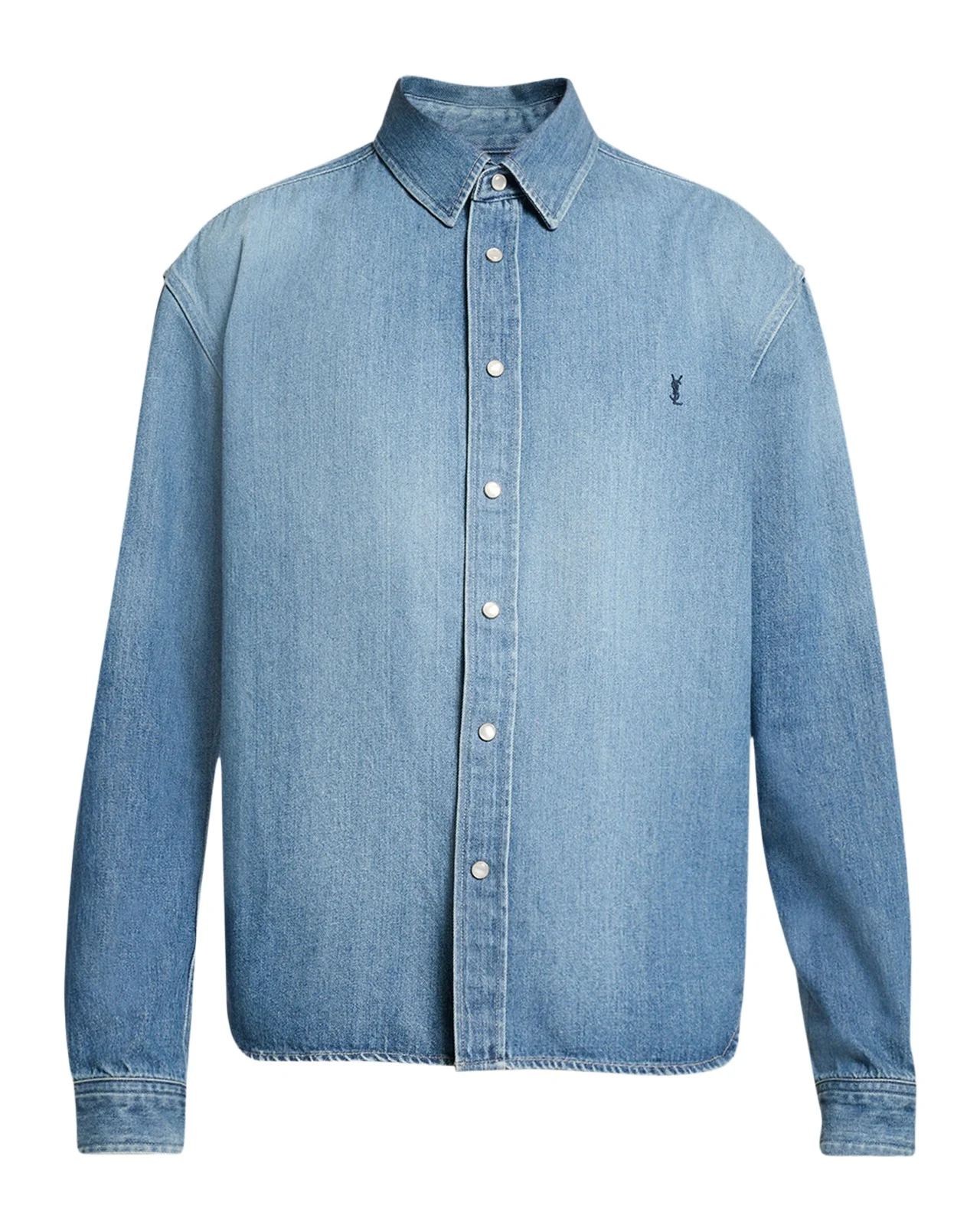Saint Laurent Men's Colorado Embroidered Cassandre Snap-Front Denim Shirt