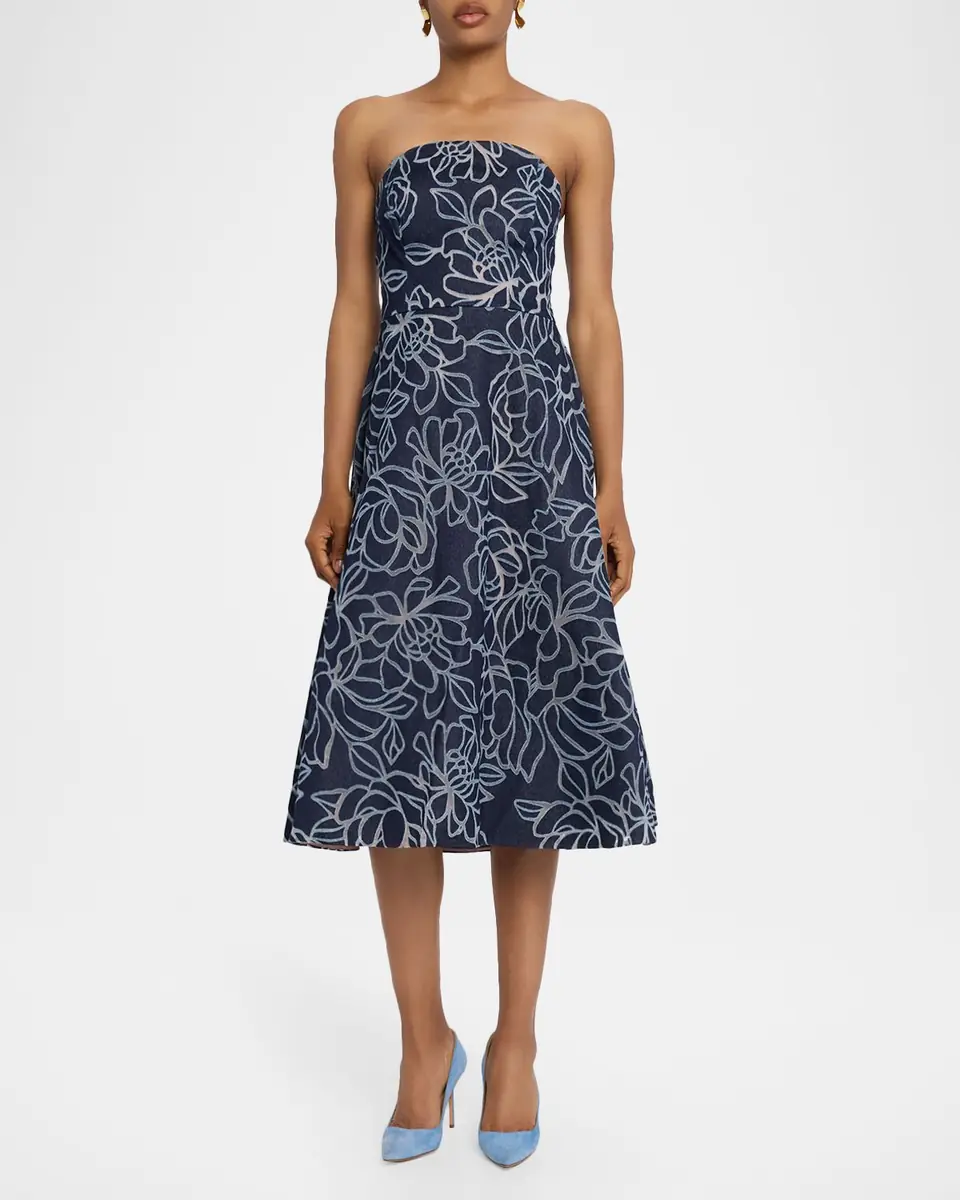 Rickie Freeman for Teri Jon Strapless Floral Burnout Denim Midi Dress | Thumbnail 2