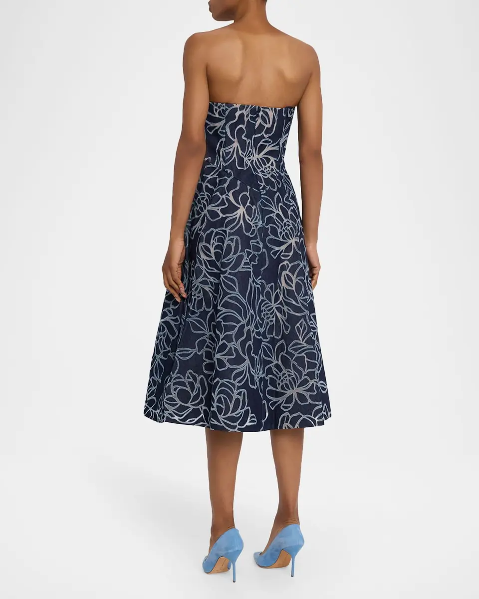 Rickie Freeman for Teri Jon Strapless Floral Burnout Denim Midi Dress | Thumbnail 3