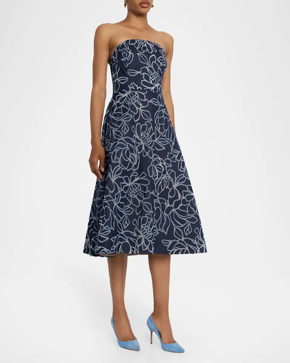 Rickie Freeman for Teri Jon Strapless Floral Burnout Denim Midi Dress | Thumbnail 4