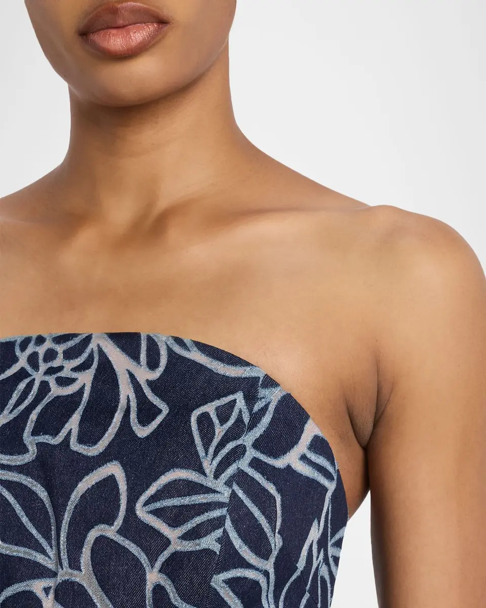 Rickie Freeman for Teri Jon Strapless Floral Burnout Denim Midi Dress | Thumbnail 5