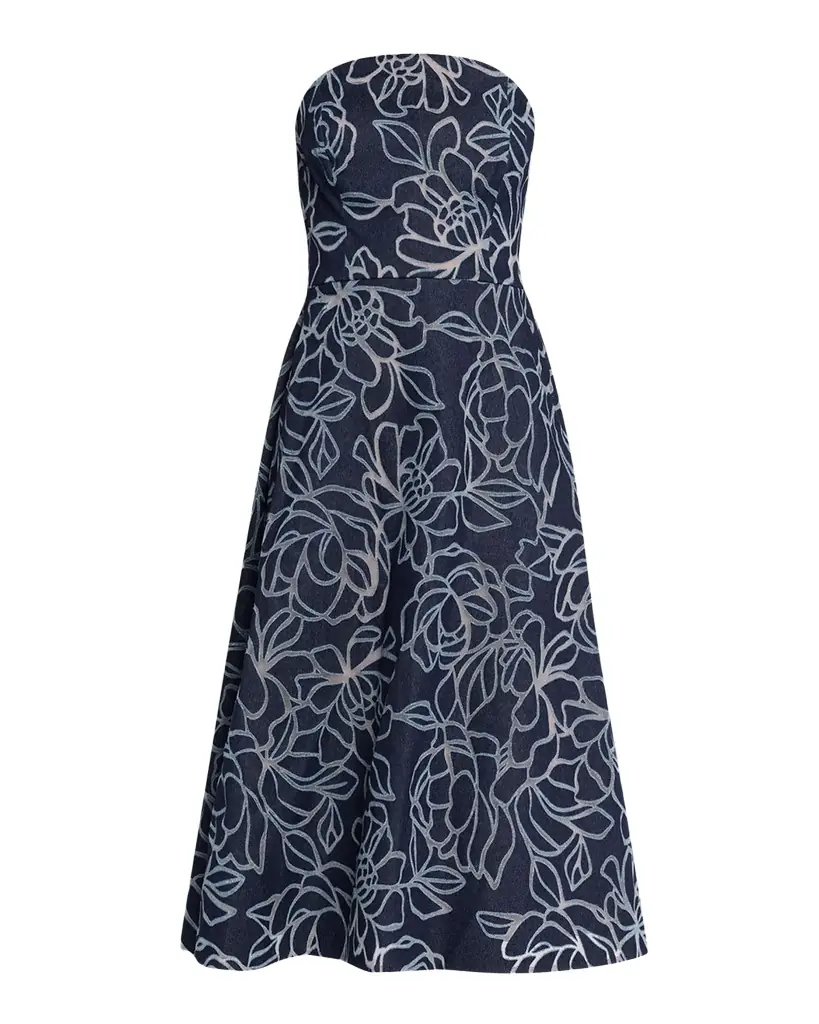 Rickie Freeman for Teri Jon Strapless Floral Burnout Denim Midi Dress | Image 1 Rickie Freeman for Teri Jon Strapless Floral Burnout Denim Midi Dress | Image 1