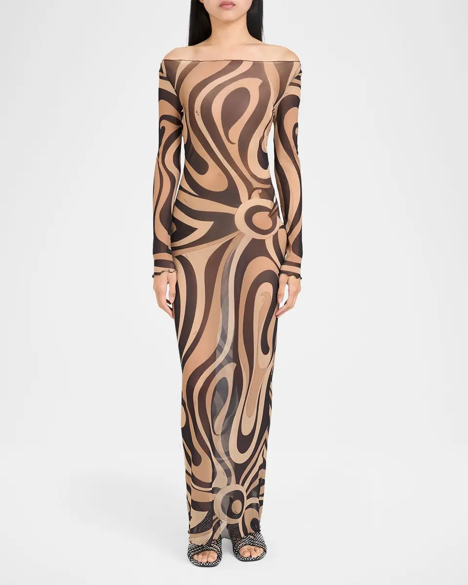 Pucci Marmo Tulle Long-Sleeve Maxi Dress | Thumbnail 2