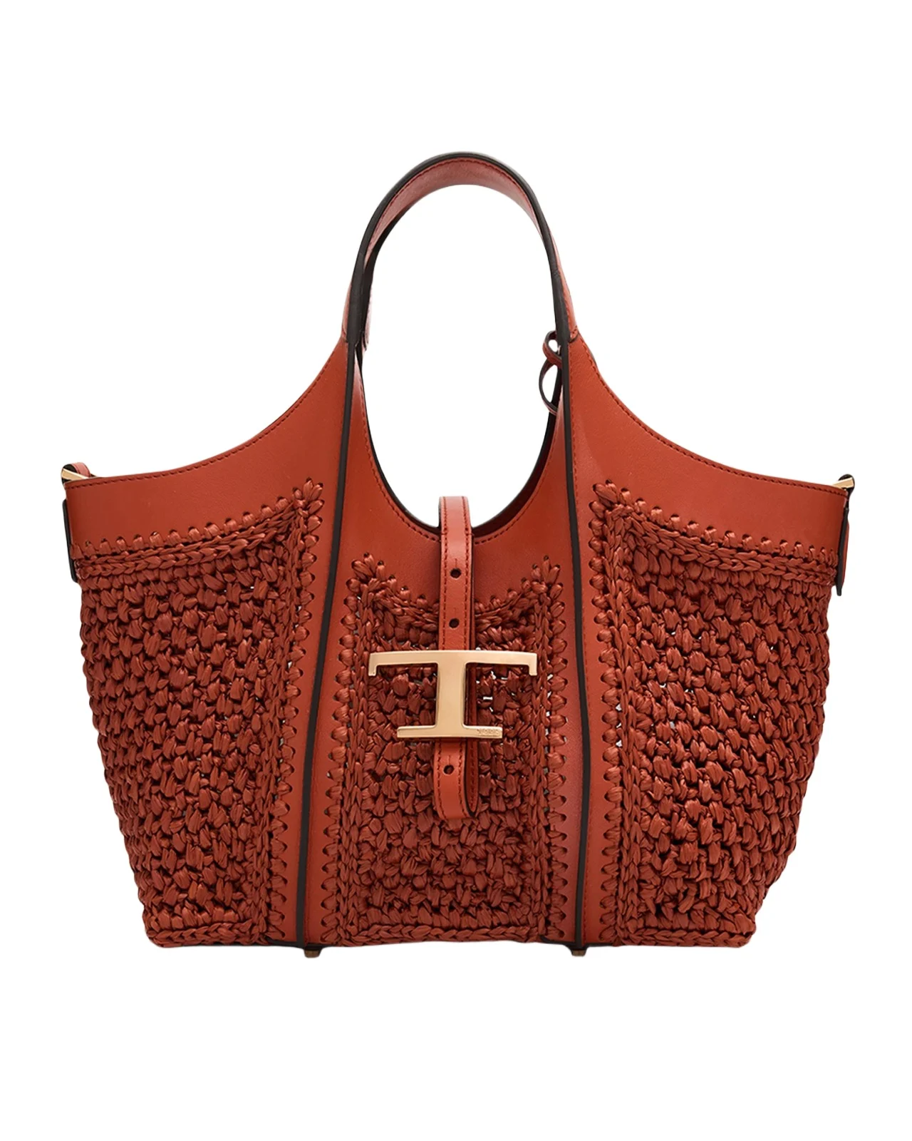 Tod's Small T Timeless Raffia & Leather Shopping Bag