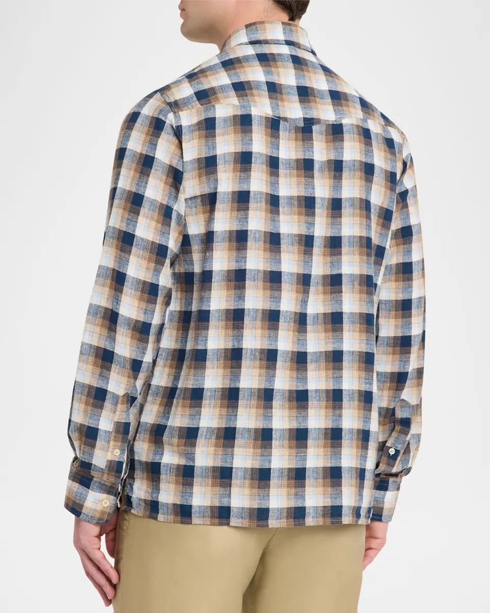 OFFICINE GÉNÉRALE Men's Younes Cotton and Linen Plaid Button-Down Shirt | Thumbnail 3