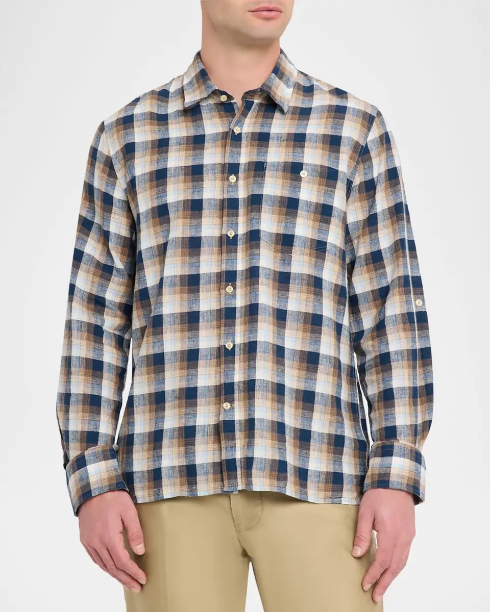 OFFICINE GÉNÉRALE Men's Younes Cotton and Linen Plaid Button-Down Shirt | Thumbnail 4