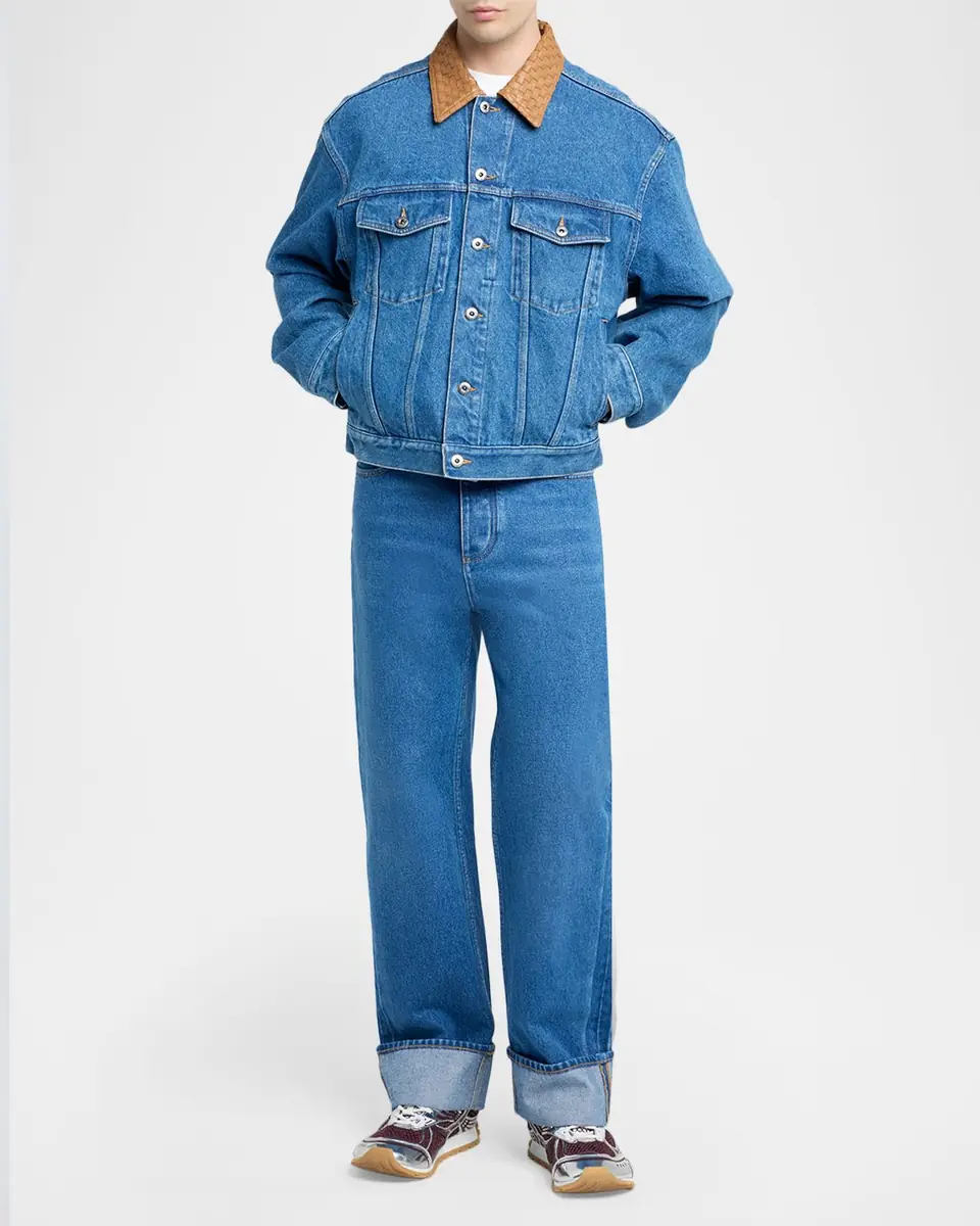Bottega Veneta Men's Intrecciato-Leather Collar Denim Jacket | Thumbnail 2 Bottega Veneta Men's Intrecciato-Leather Collar Denim Jacket | Thumbnail 2