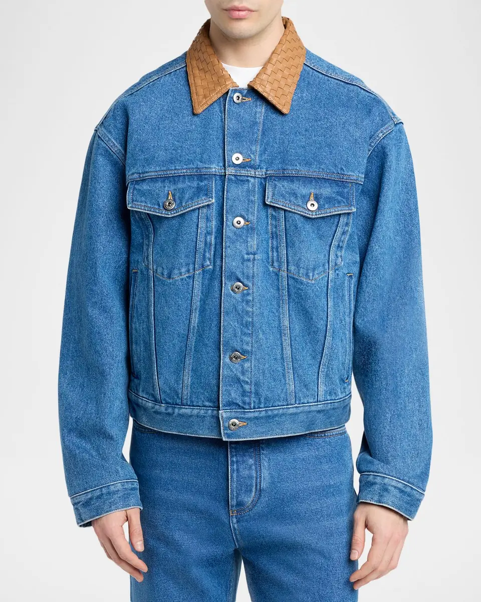 Bottega Veneta Men's Intrecciato-Leather Collar Denim Jacket | Thumbnail 4 Bottega Veneta Men's Intrecciato-Leather Collar Denim Jacket | Thumbnail 4