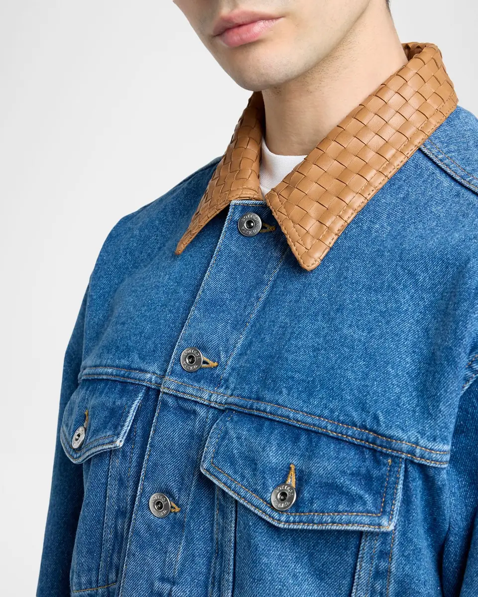 Bottega Veneta Men's Intrecciato-Leather Collar Denim Jacket | Thumbnail 5 Bottega Veneta Men's Intrecciato-Leather Collar Denim Jacket | Thumbnail 5