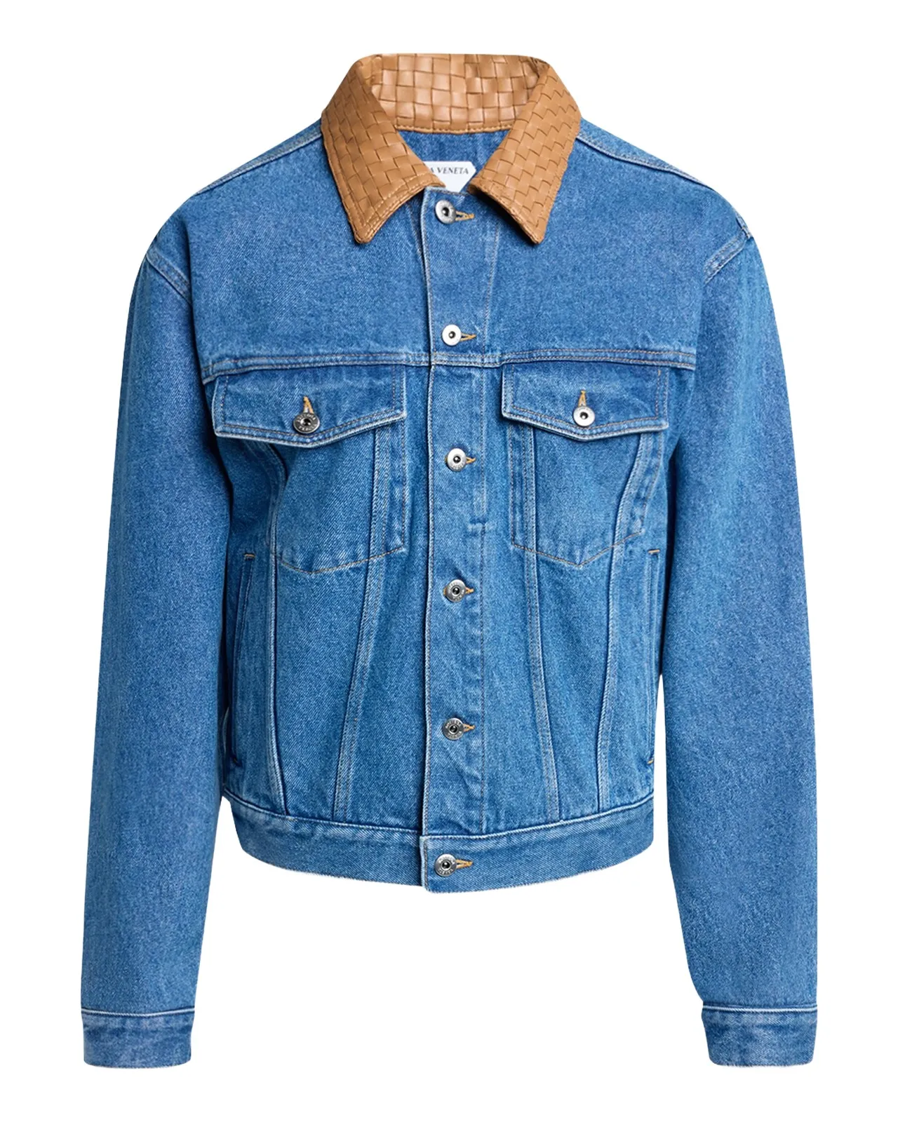 Men's Intrecciato-Leather Collar Denim Jacket
