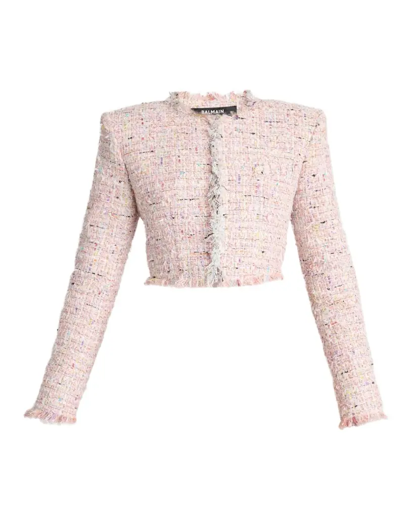 Balmain Speckled Tweed Fringed Crop Open Jacket | Image 1 Balmain Speckled Tweed Fringed Crop Open Jacket | Image 1