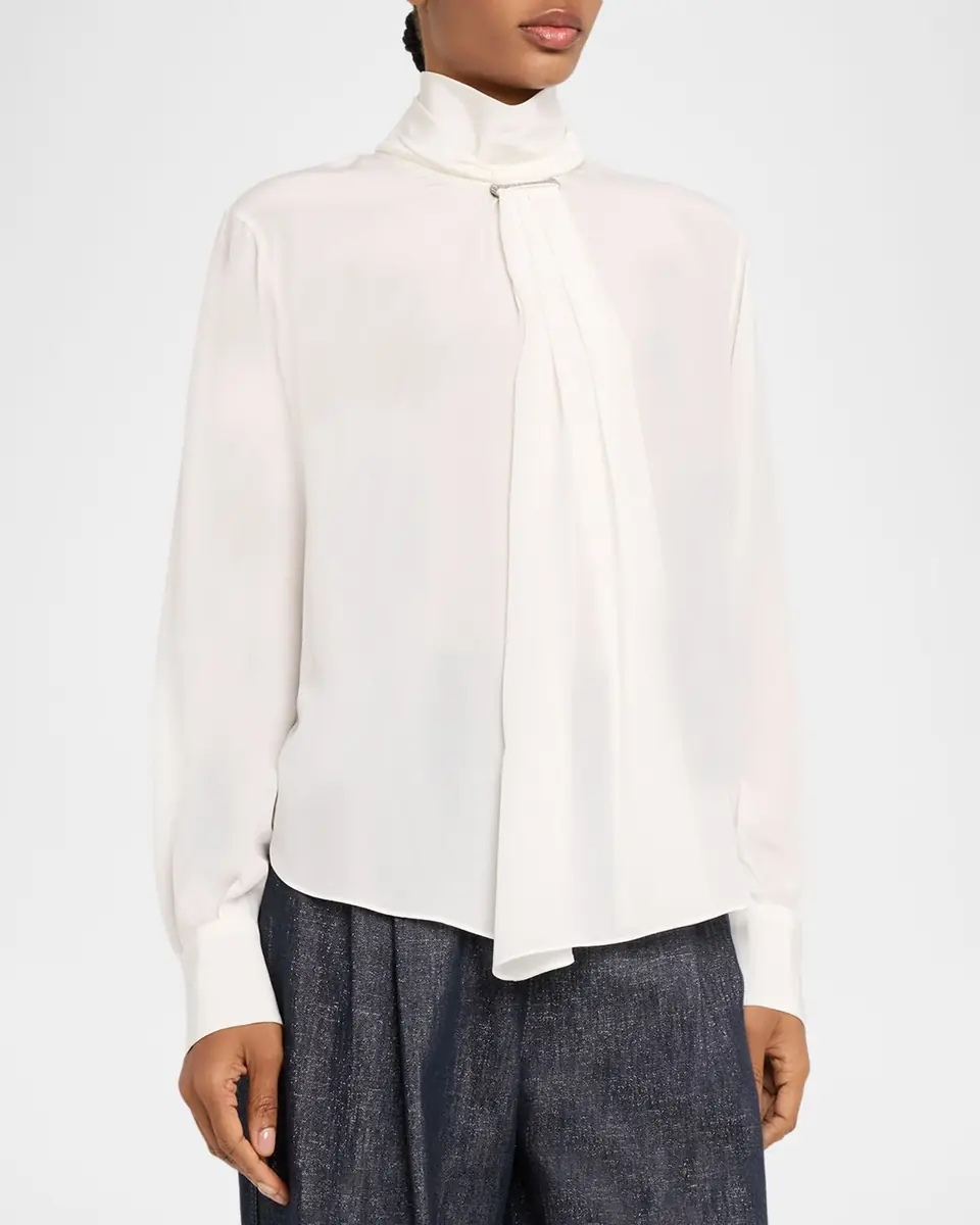 Brunello Cucinelli Turtleneck Monili Gathered Silk Blouse | Thumbnail 4 Brunello Cucinelli Turtleneck Monili Gathered Silk Blouse | Thumbnail 4